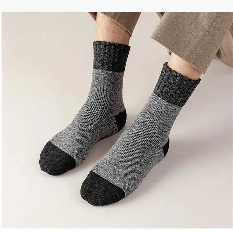 5Pairs/Wool Socks Winter Mens Super Thick Merino High Quality Wool Fashion Color Casual Warm Mid-tube Socks Plus Size EU38-46XJ241019