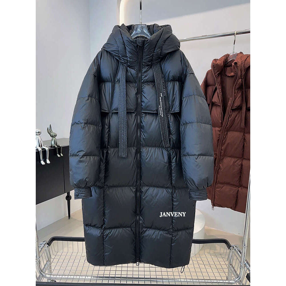 Janveny 2024 New Winter Hooded Over The Knee Puffer Coat Women Thicken Warm Long Sleeve White Duck Down Jacket Waterproof Parka