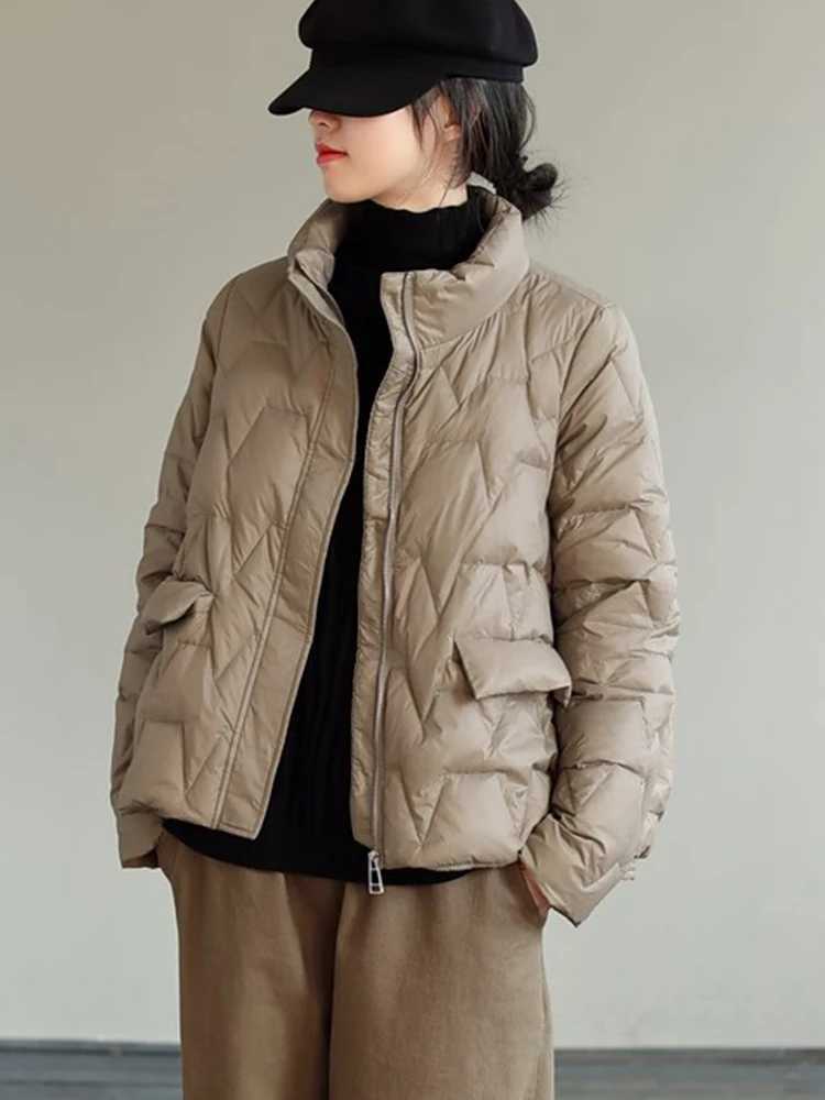 Autumn Winter Women 90% White Duck Down Coat Casual Female Stand Collar Zipper Pockets Parkas Jacket Loose Light Down OutwearX241019