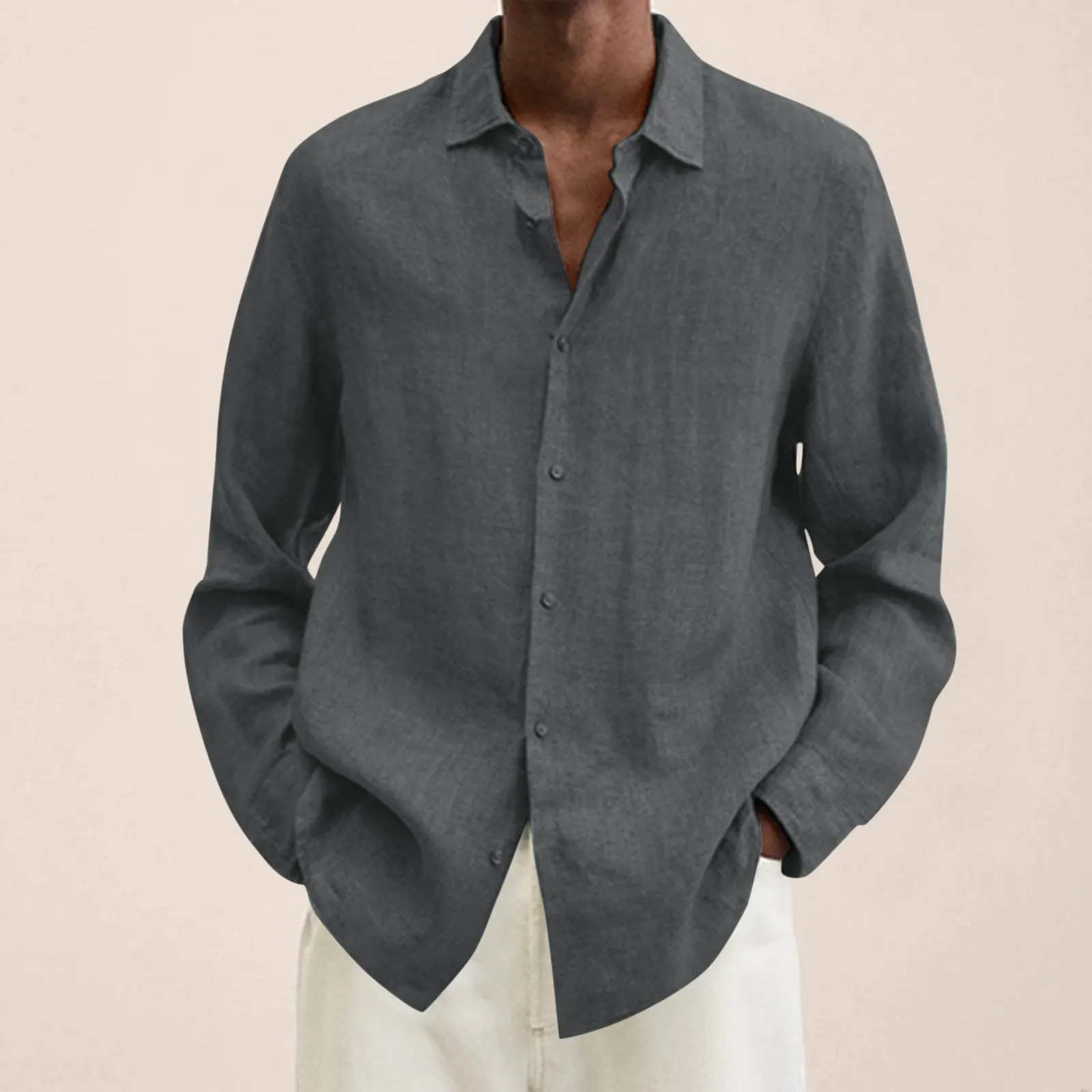 Pure Blue Cotton Linen Shirt Tops Casual Plus Size Loose Mens Turn Down Collar Long Sleeve MenS Work Breathable Cardigan 241007