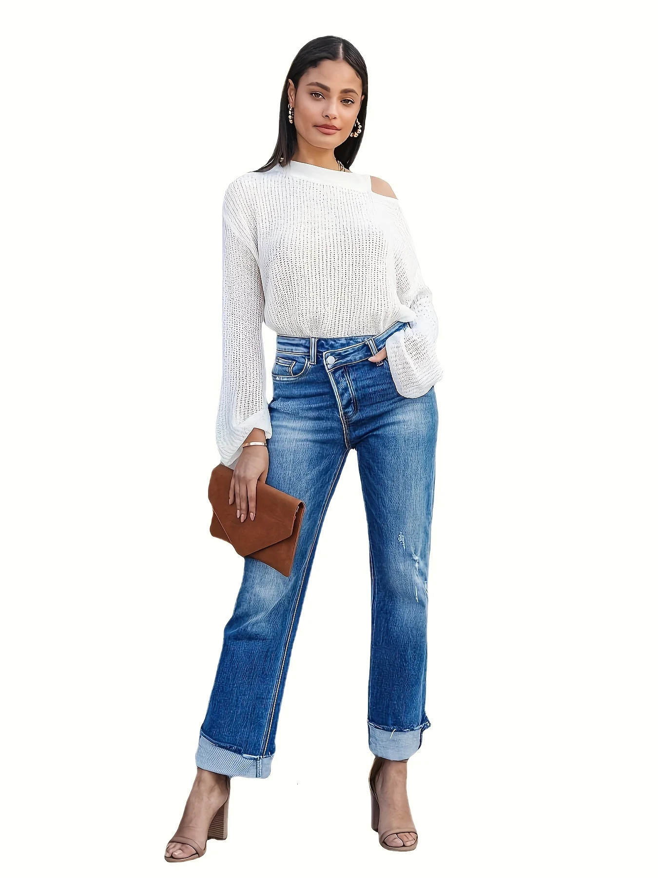 Asymmetrical Waist Casual Straight Jeans Loose Fit Rolled Hem Denim Pants Clothing 241009