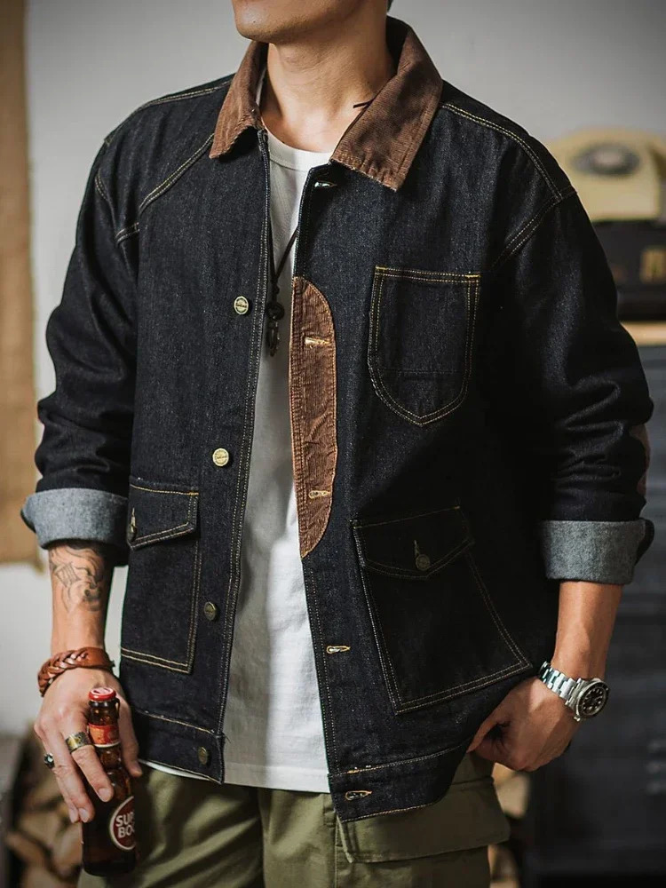 Jeans Coat for Men Vintage Black Aesthetic Denim Jackets Man Cargo Spliced Low Cost Big Size Large Outwear Korea in Lowest Price 241007