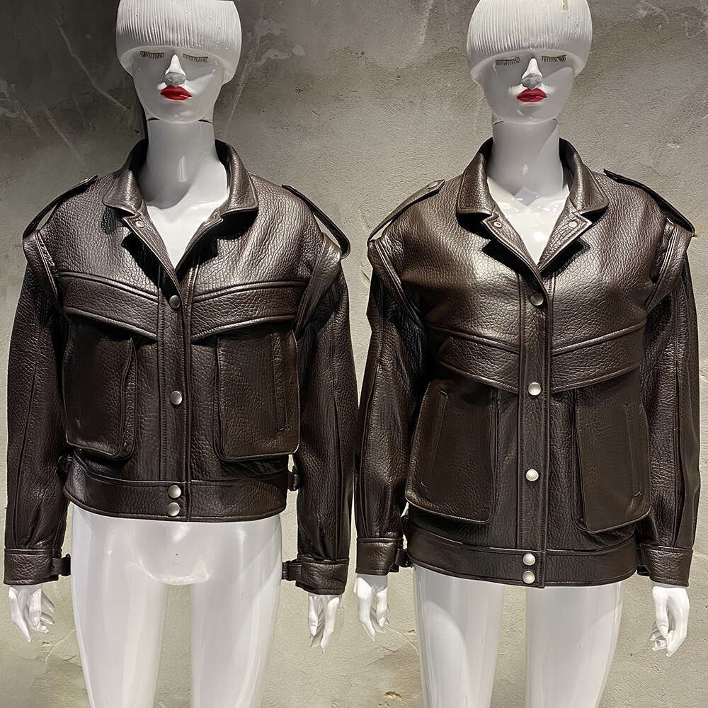 Yoloagain Women's High Quality Real Oversized Dark Brown Grain Leather Jacket