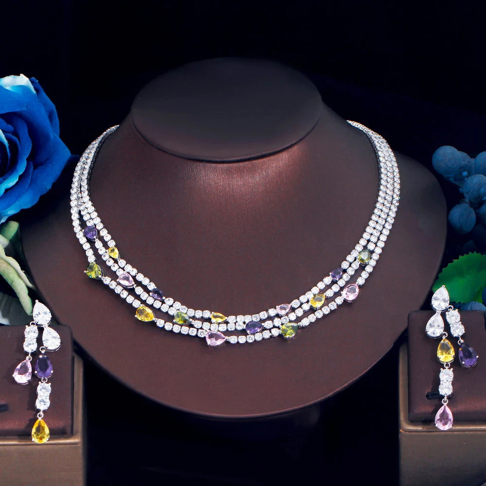 Three layers of shiny colored cubic zirconia three rows of multi-layer bridal wedding necklace earrings jewelry set for women TZ784 241018