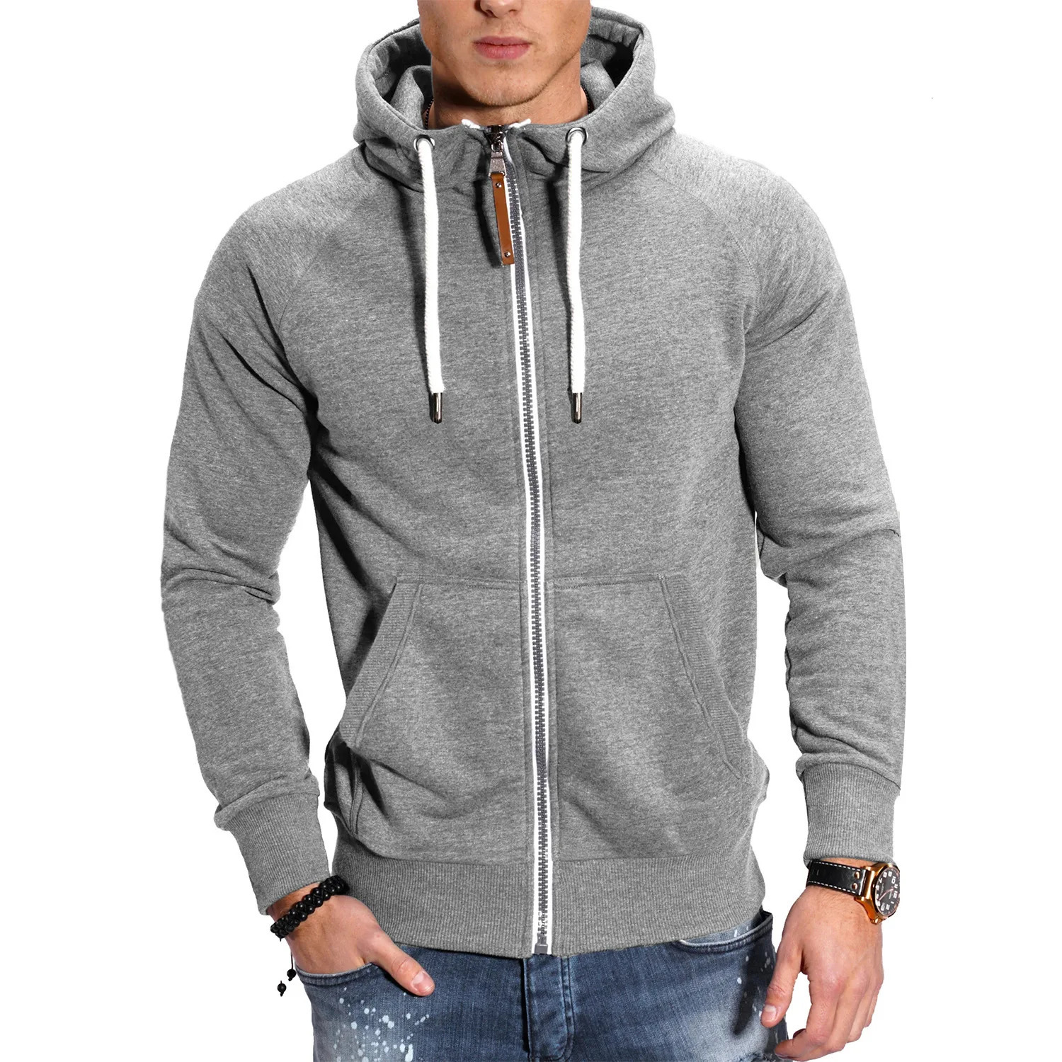 highquality mens zipper automatic long sleeved hooded casual clothing solid color sportswear 241010