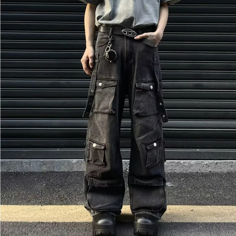 Y2K multi pocket luggage cargo jeans retro mens and womens loose straight leg hip-hop pants luggage Y2K jeans 241007