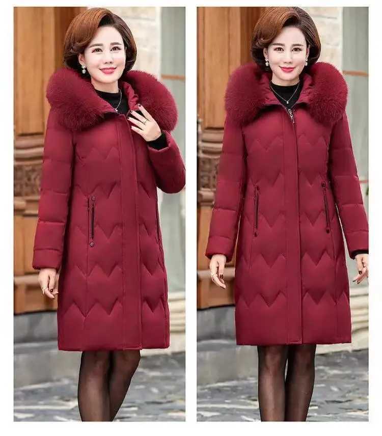 XL-5XL Middle Aged Mother Down Cotton-Padded Jacket Loose Hooded Fur Collar Coat Thicken Mid-Long Parkas Women Winter ClothesX241019