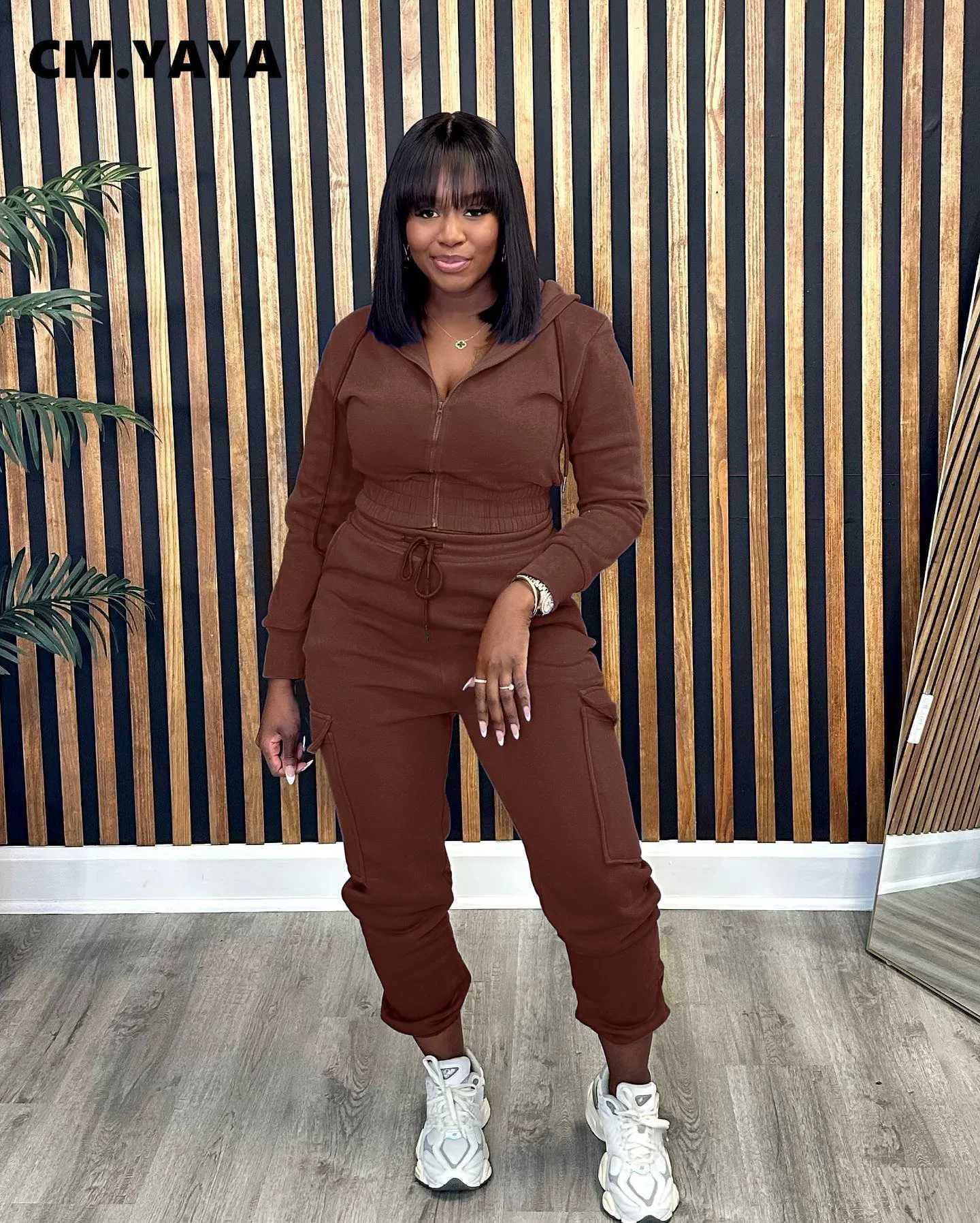 Women's Two Piece Pants CM.YAYA Flce Womens Set Long Sleve Zipper Hoodie and Running Pants 2023 Strt Cargo 2-piece Set Y241019WV5Y