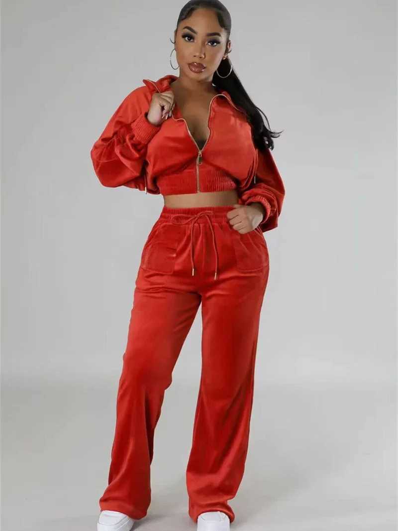 Women's Two Piece Pants Velvet Tracksuit womens two-piece autumn Y2K clothing solid zipper top and pants set Velour two-piece set womens clothing