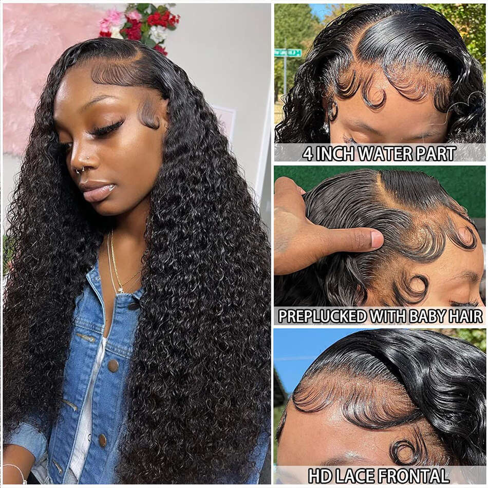 Water Wave Front 13x4 Transparent Curly Lace Frontal Wigs For Black Women Pre Plucked With Baby Hair 180% Wet And Wavy