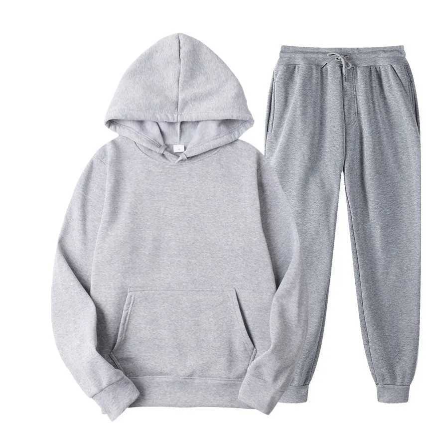 Mens autumn and winter new solid color hooded sweatshirt+pants two-piece fashionable casual sports set size S-4XL W241018