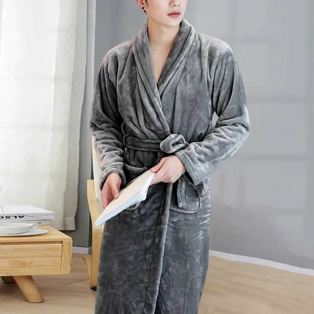 Couple Bathrobe Coral Fleece Open Stitch Solid Color Thicken Tight Waist Bathing Belt Unisex Pockets Winter Bathrobe for BedroomXJ241018