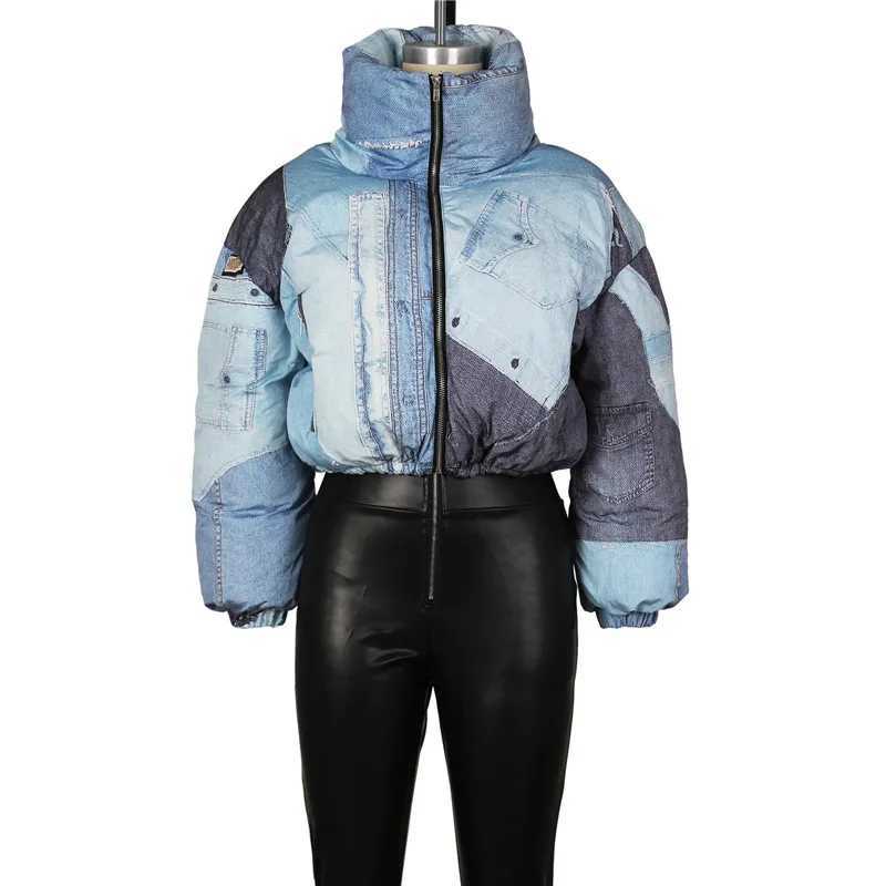 Women's Down Parkas New 2023 Womens Winter Denim 3D Printed Zipper Puff Crop Jacket Parkas Warm Thick Turtle Collar Zipper Bread Jacket Coat Y241