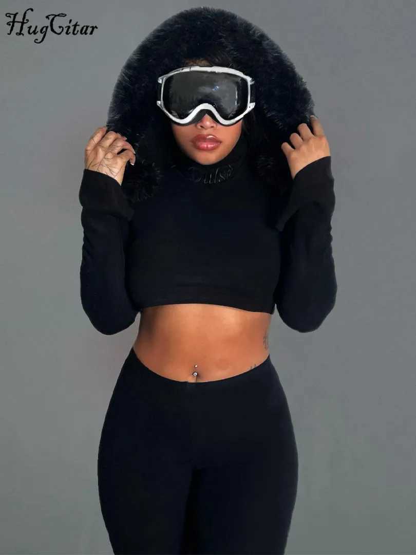 Women's Two Piece Pants Hugcitar Womens Elegant 2-piece Fur Hooded White Long Sleve Sexy Crop Top Pants 2023 Winter T-shirt Sports Fitness Clothi