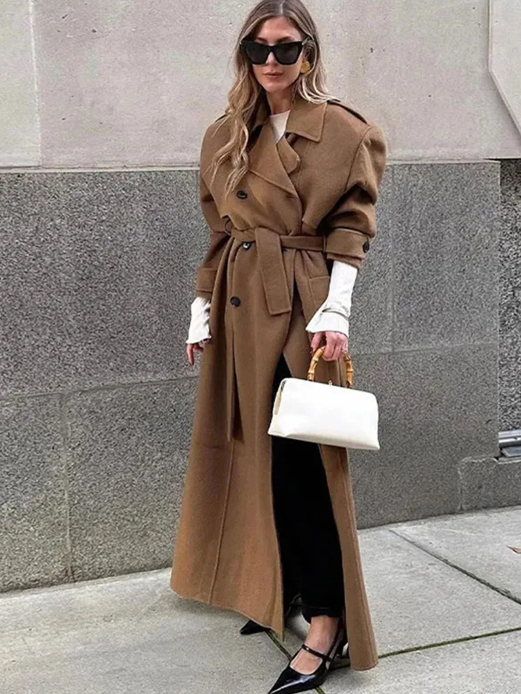 Vintage Turn-down Collar Long Coats With Belts Women Casual Double-Breasted Shoulder Pads Maxi Coat Autumn Elegant Chic Outwear 241010