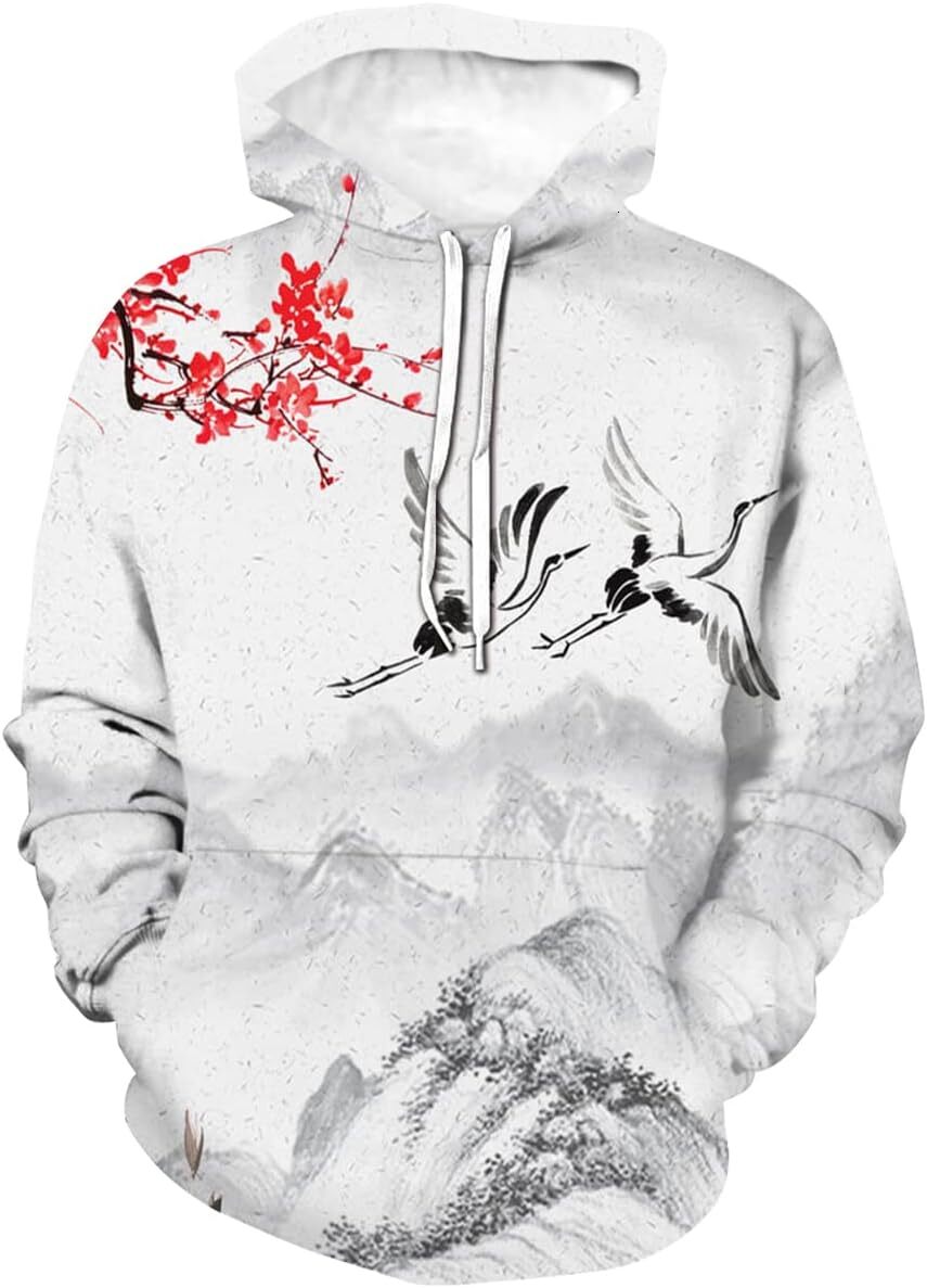 Hoodie for Mens Womens Unisex Novelty White Crane 3D Art Tie Dye Sweatshirt Hoodie Graphic Hoodies sweatshirt Pullover Long Sleeve breathable