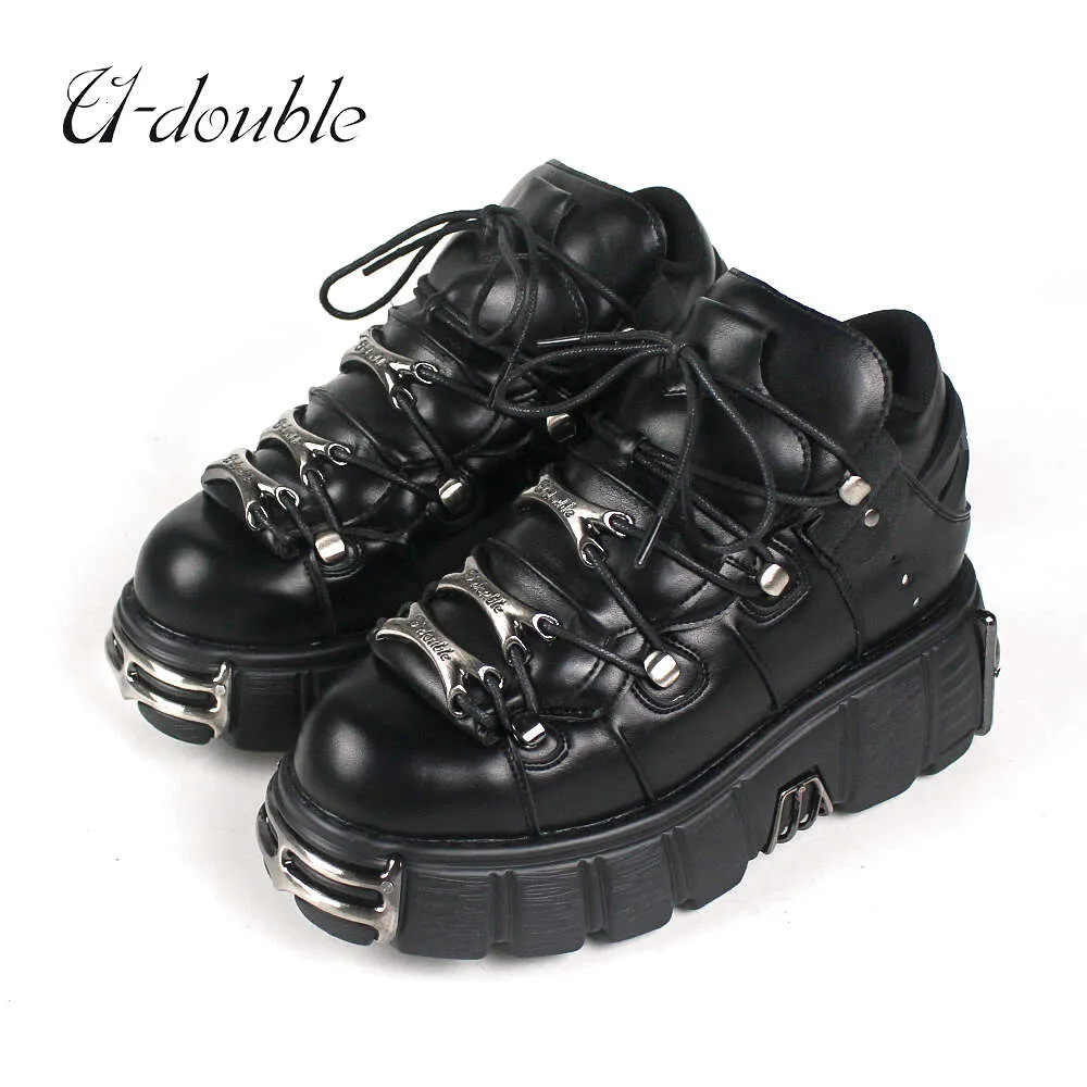 NEW Punk Style Mens Shoes Women Lace-Up Heel Height 6Cm Platform Shoes Gothic Ankle Rock Boots Metal Decor Woman Sneakers