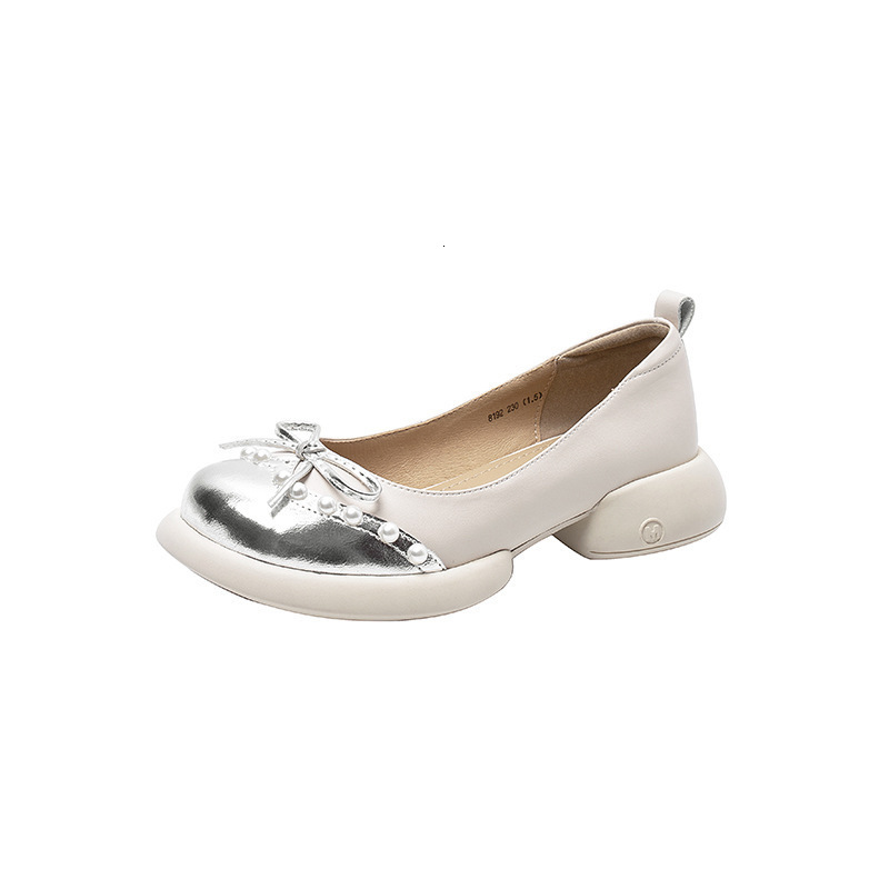 Fashionable French Bow Bean Shoes Women's Thick Heels and Thick Soles 2024 Spring and Autumn New Genuine Leather Round Toe Single Shoes