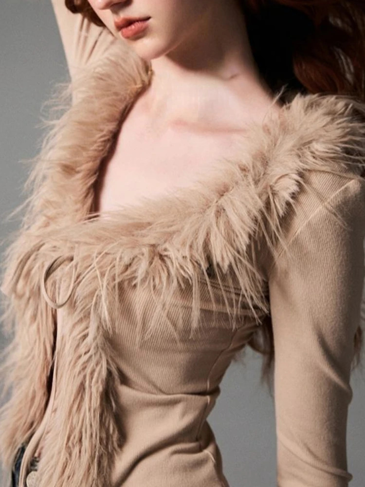 Korean Sexy Fashion Grunge Cardigan Y2k Aesthetic V-neck Jacket Women Harajuku Vintage Bandage Fur Patchwork Coat 2024 Autumn 241010