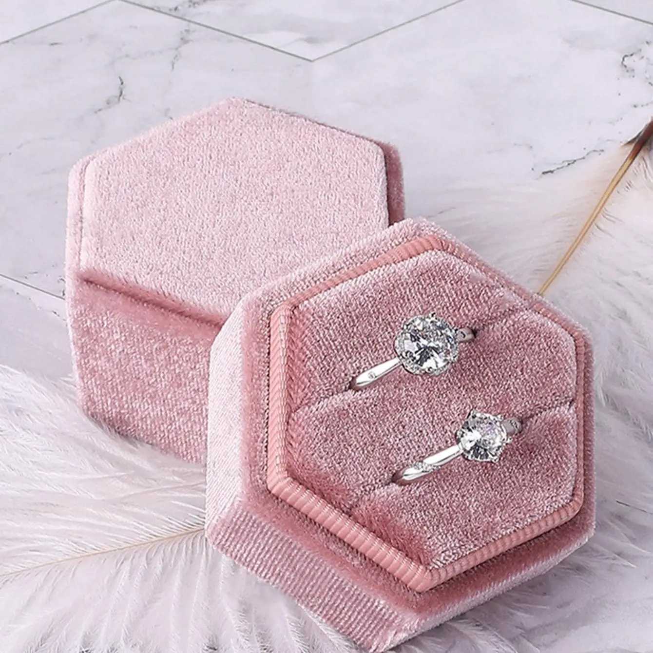 1 velvet double ring box hexagonal wedding ceremony ring box with detachable ceiling box W241019