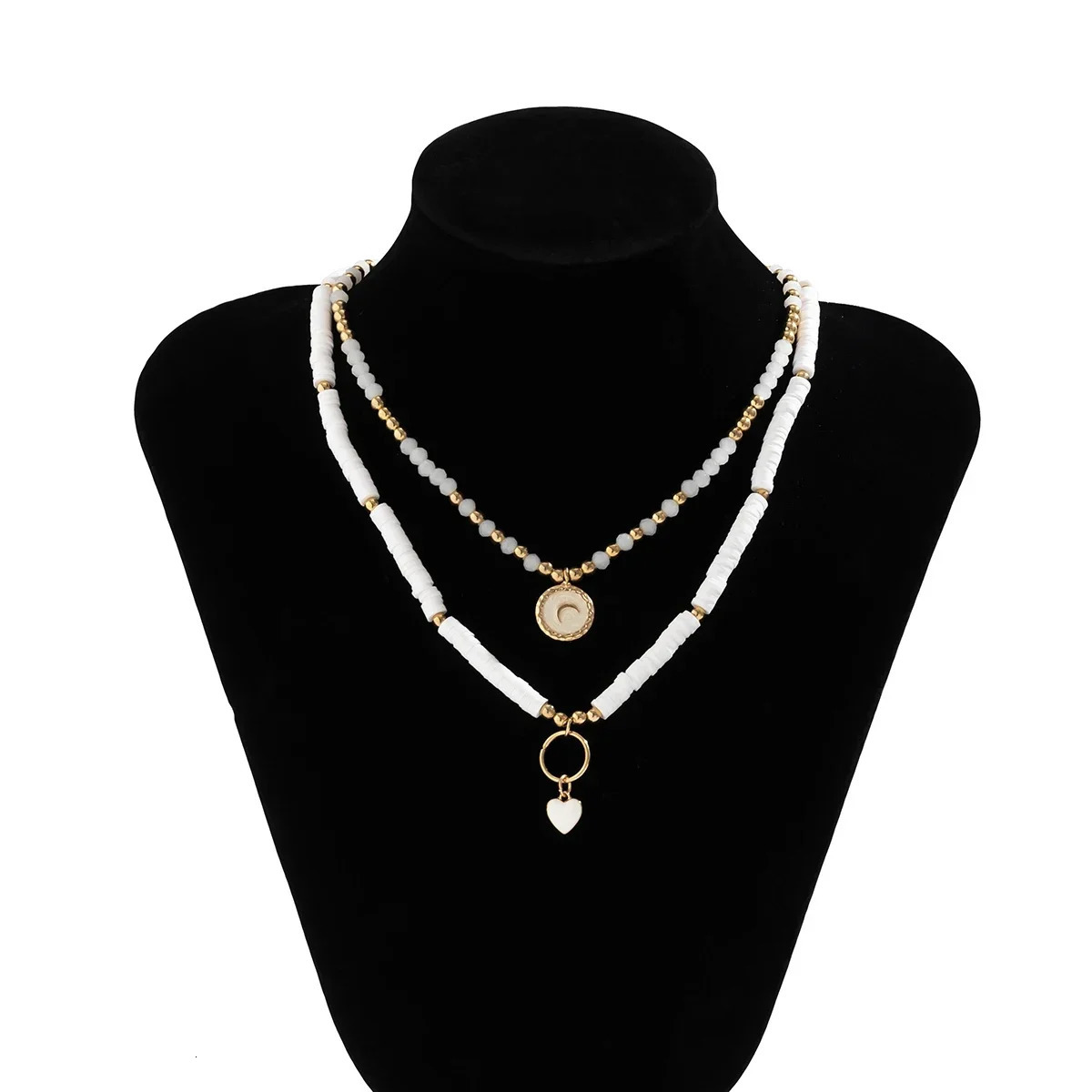 Bohemian Heart Pendant Crystal Bead Glass Bead Necklace White Flat Polymer Clay Bead Necklace Vintage Jewelry 241018 ww