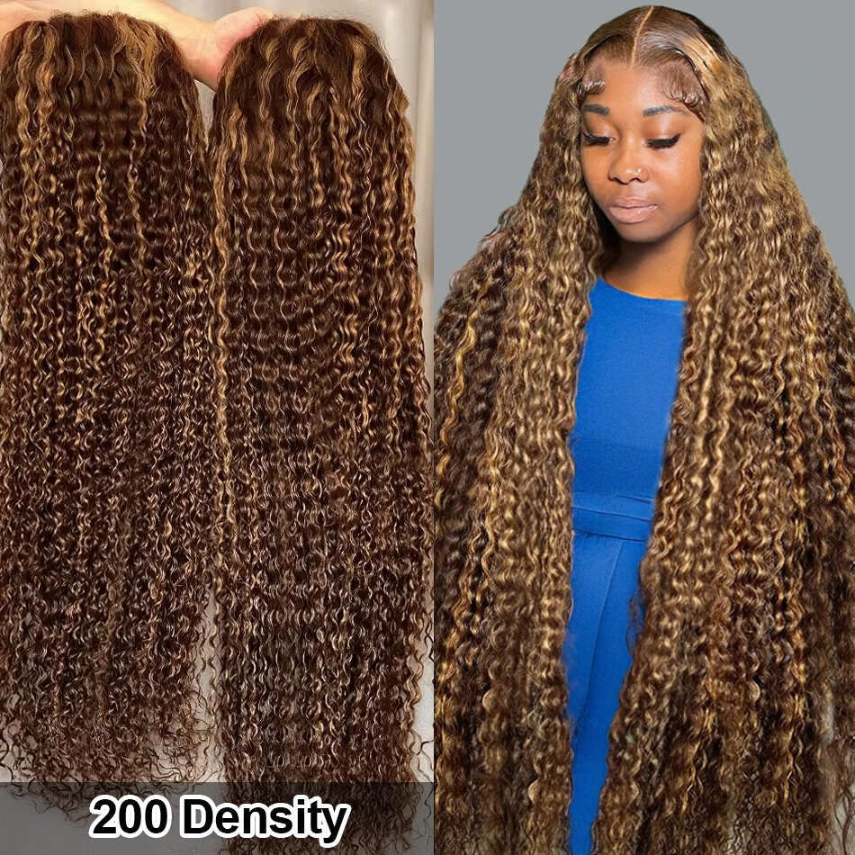 200 Density 40 Inch Highlight Honey Brown Curly HD Lace Front Human Hair 13x4 13x6 Ombre Color Deep Water Wave Frontal Wigs