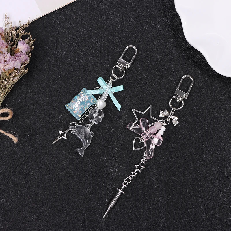 Y2k Pink Wings Phone Chain Dolphin Star Keychain Sweet Cool Beaded Earphone Case Pendant Bag Decor Car Keyring 241017