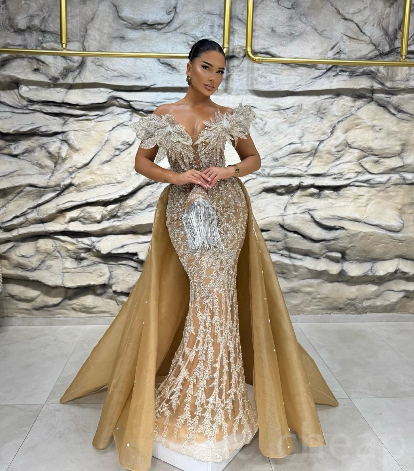 Aso Ebi 2024 Gold Illusion Mermaid Prom Dresses wers Rhies Lace Evening Formal Party Second Reception Birthday Gowns Dress For Special Ocns ZJ048