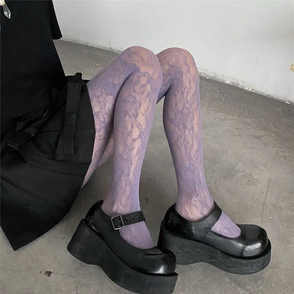 Socks Hosiery Y2k Fashion Gothic Flower Hollow Out Sexy Pantyhose Women Fishnet Wine Red Ins Hot Girls JK Tights High Elastic Hipster Leggings Y240833
