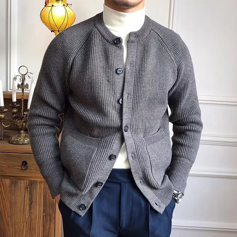 Vintage Buttoned Crew Neck Sweater Mens Cardigans Solid Color Long Sleeve Casual Knitted Jackets For Men Fall Winter Sweaters 241007