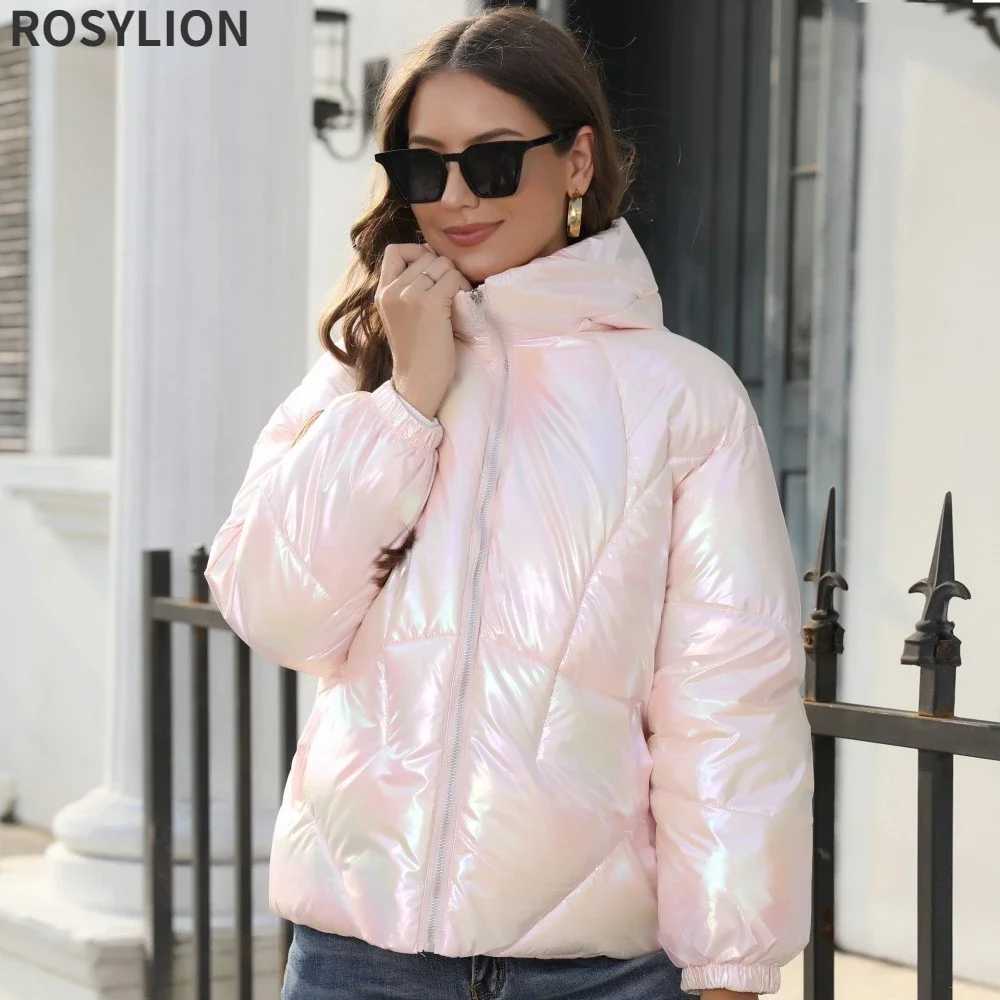 Women's Down Parkas Womens Winter Shining Parkas Hooded Fluffy Bread Jacket Womens Purple Blue Pure Cotton Coat Warm Loose Parkas Strtwear S-XXL 