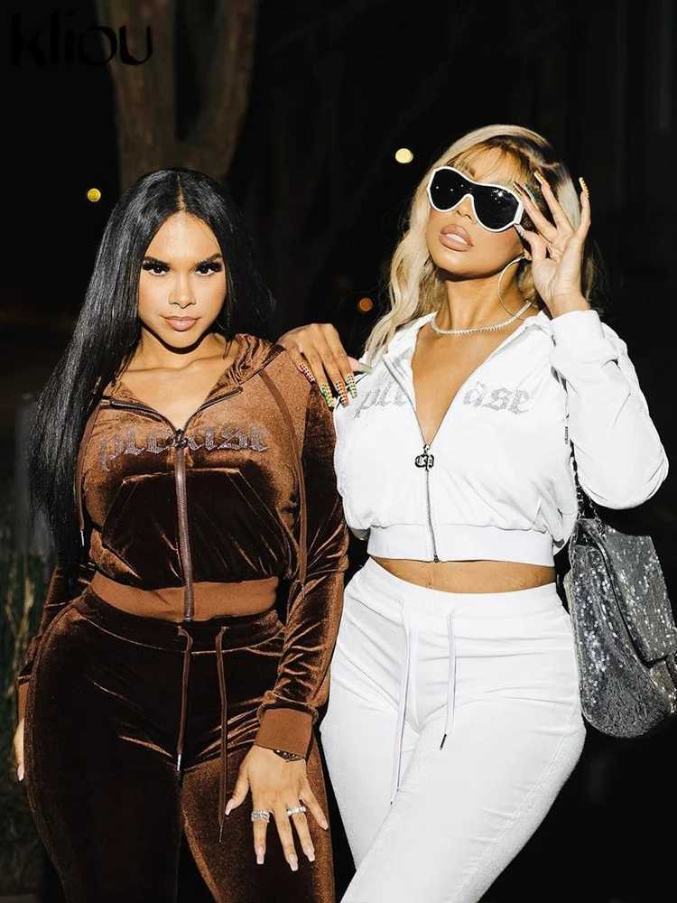 Women's Two Piece Pants Kliou Winter Womens Fold 2-piece Casual Letter Diamond Patch Work Hoodie+Elastic Solid Pants Womens Matching Set Y241019I
