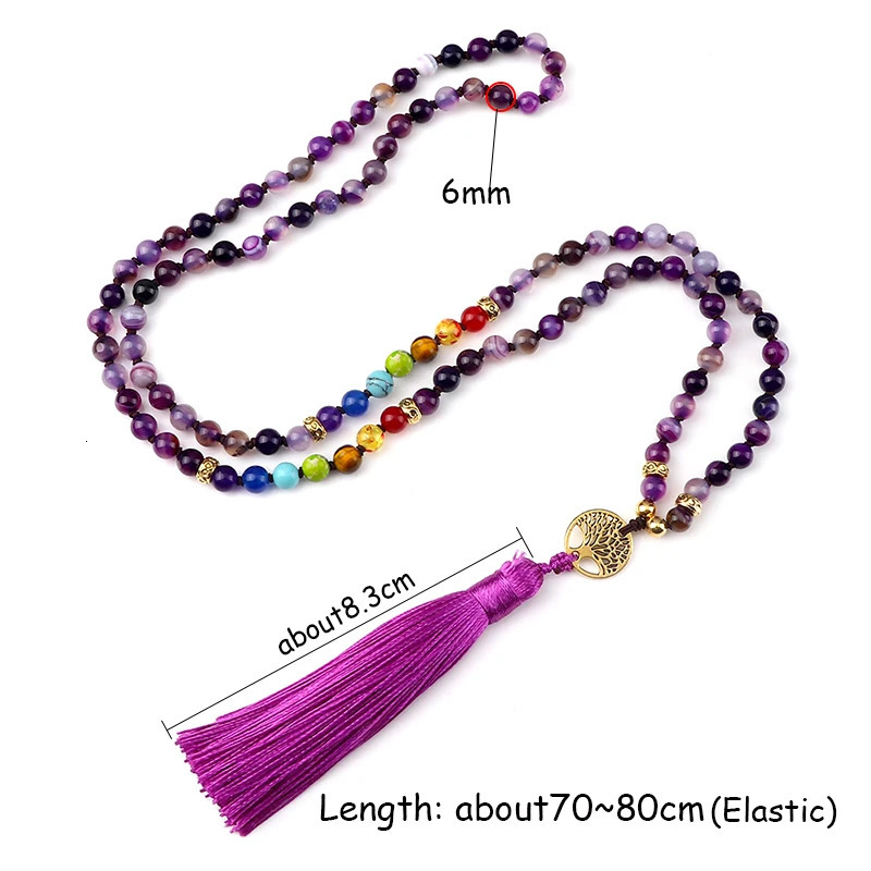 Natural purple agate stone necklace suitable for women 7 chakra spiritual energy 108 Japamala Mala beads tassel long necklace jewelry 241018