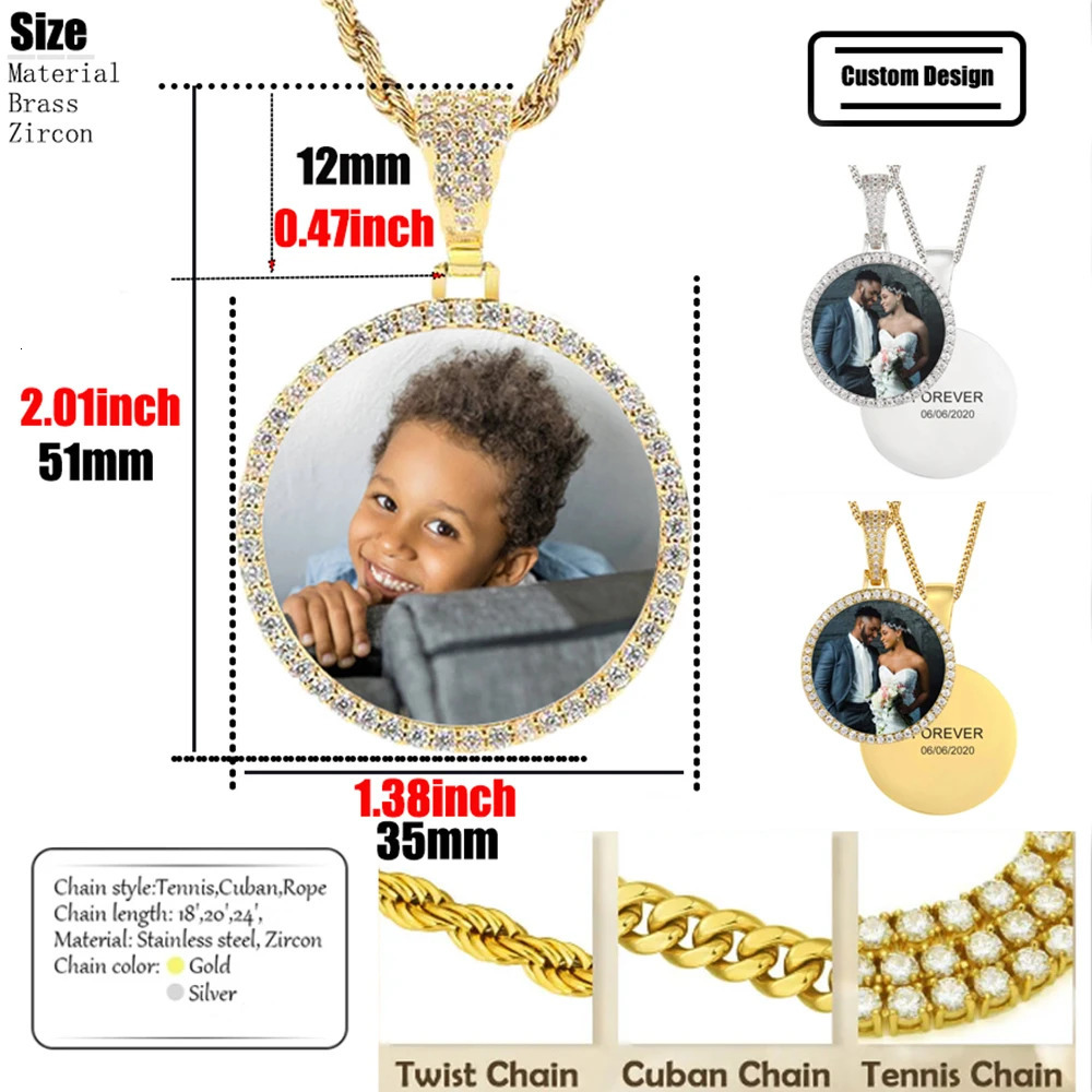 Hip Hop Jewelry Bling CZ Memorial Picture Frames necklace personalized po customization 26/35/45/68.5MM circular medal pendant 241018