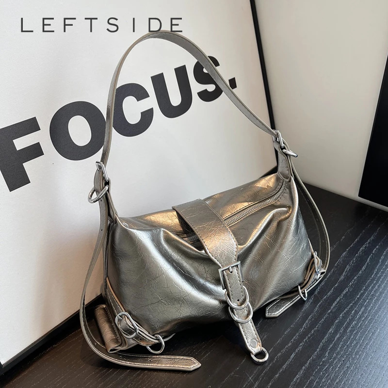 LEFTSIDE Silver Leather Cross Body Bag Womens Y2K Korean Fashion Underwear Shoulder Bag Womens Armrest Bag Handbag 241018