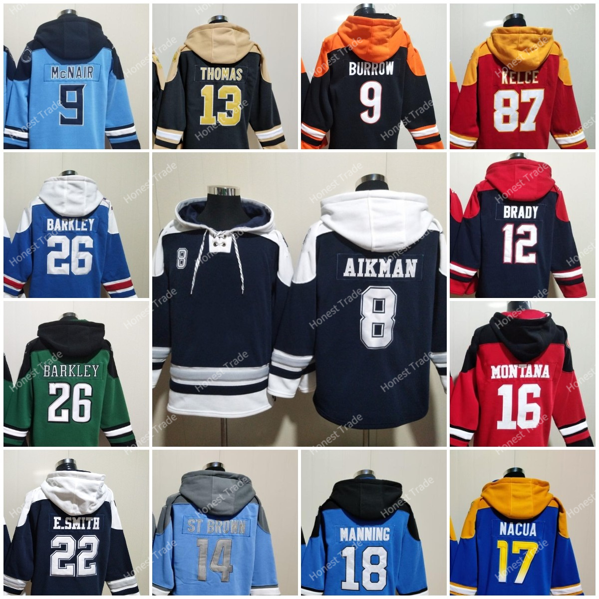 Men Football Hoodie Steve McNair Staubach Nacua Polamalu Thomas Cousins Waddle Herbert Kelce Lawrence Favre Sanders Diggs Brown Football Jersey Stitched