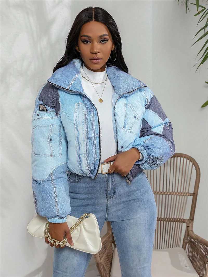 Women's Down Parkas New 2023 Womens Winter Denim 3D Printed Zipper Puff Crop Jacket Parkas Warm Thick Turtle Collar Zipper Bread Jacket Coat Y241