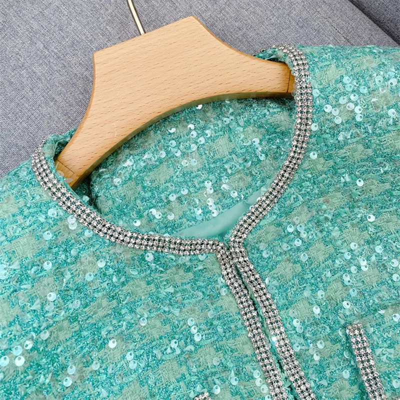 Arrive Sequins Women Tweed Coat Feather Spliced Full Sleeve Round Neck Lady Jacket With Pockets And Diamonds 241019
