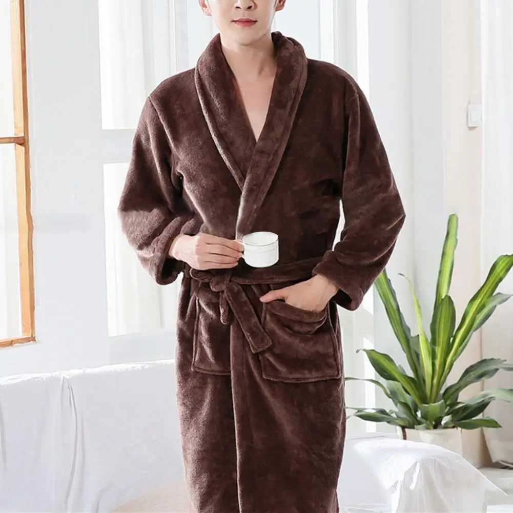 Couple Bathrobe Coral Fleece Open Stitch Solid Color Thicken Tight Waist Bathing Belt Unisex Pockets Winter Bathrobe for BedroomXJ241018