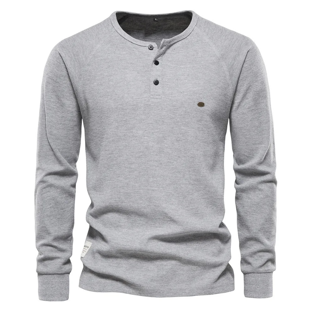 Long Sleeve Mens Waffle Henley Collar Mens Top T-shirt Solid Color Floral Mens T-shirt 241018