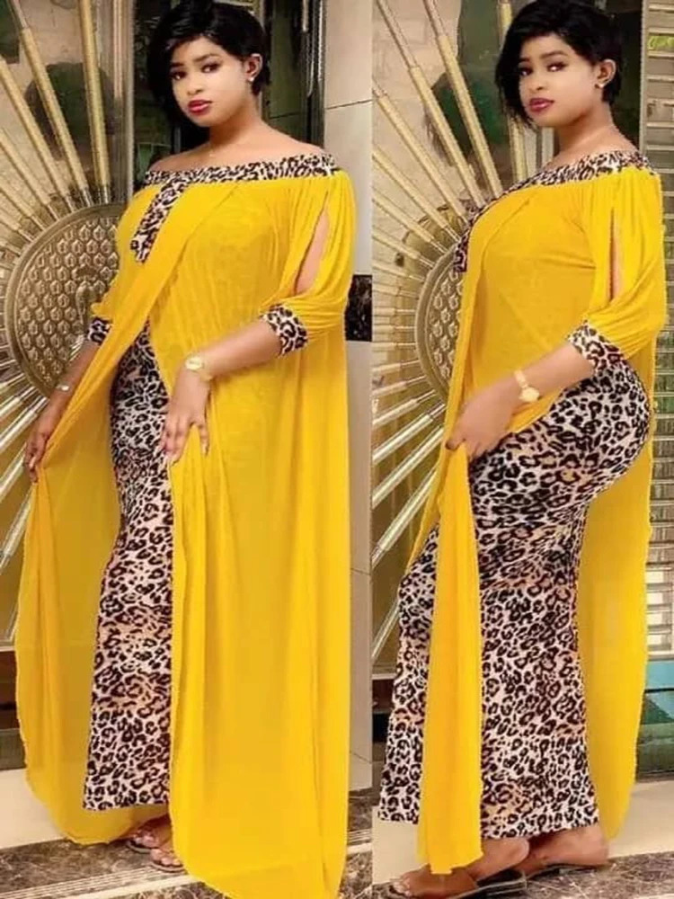 Autumn Sexy Leopard Printed Dashiki African Dresses for Women Party Half Sleeve Slanted Neck Womens Robe 241017