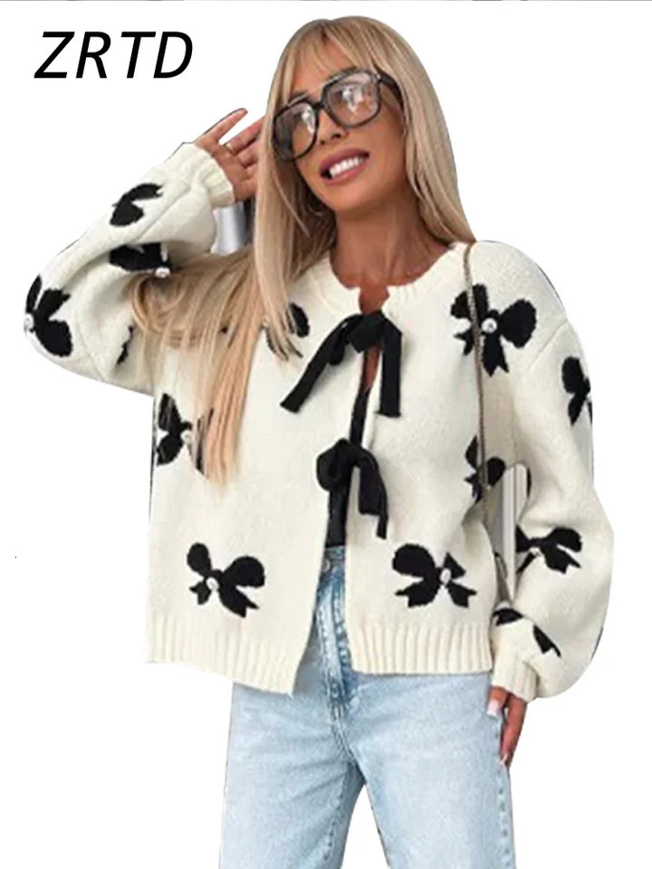 Casual Knitted Printed Lace Cardigan Womens Loose Hollow O-Neck Long Sleeve Sweater Autumn Womens Full Knitted Set 241019