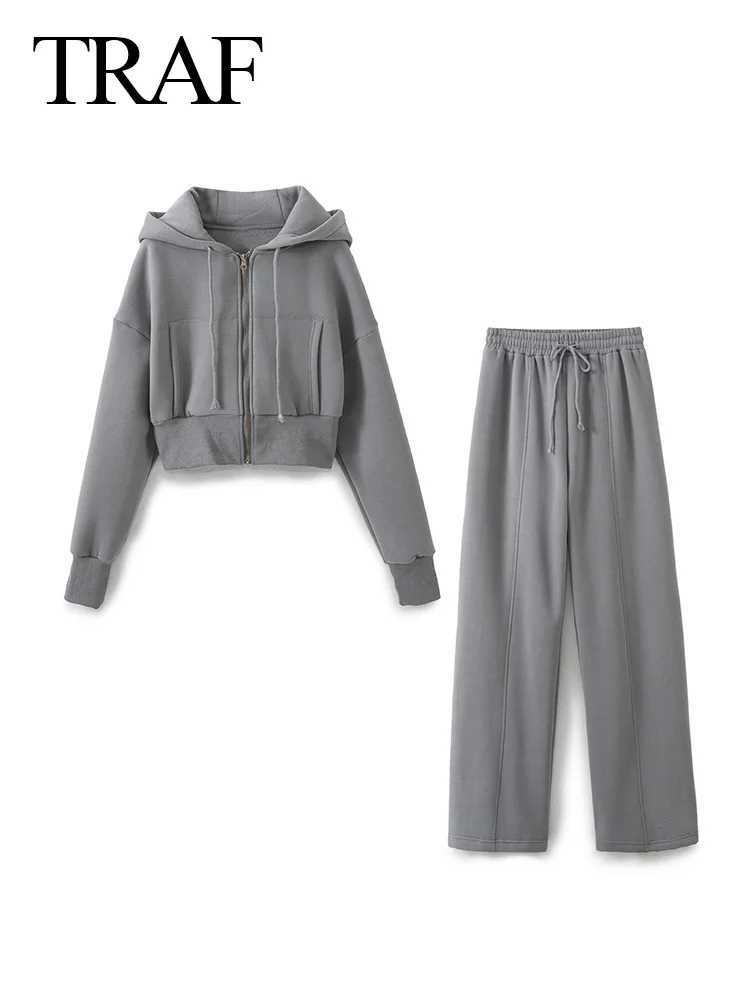 Women's Two Piece Pants TRAF 2024 Spring Womens Casual Hoodie Zipper Jacket+Elastic Waist Pocket Pants 2-piece Set Elegant Loose Solid Grey Pants