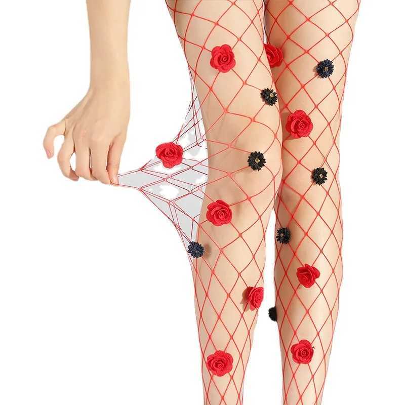 Socks Hosiery 2023 New Sexy Women Fishnet Stocking Handmade Embroidery Flower Stylish Mesh Tights Mesh Stockings Elegant Senior Pantyhose Y2408330NJOS