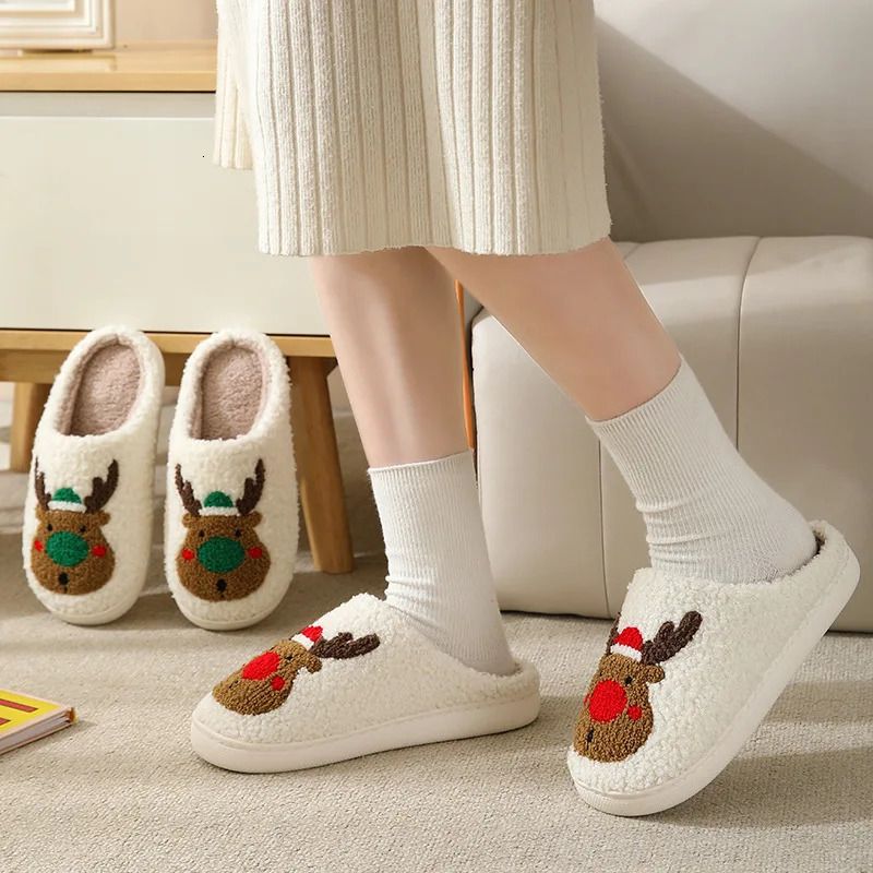 Christmas slippers womens home fluffy flip cover winter womens indoor cute deer gingerbread mens warm house plush shoes 241018