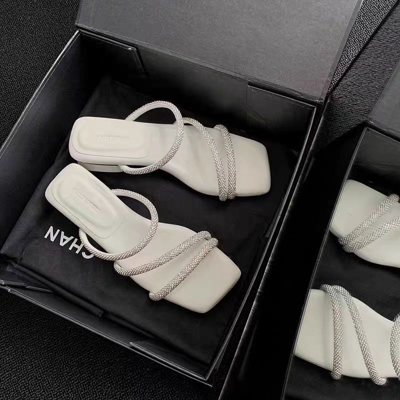 Summer New Outwear Square Headed Open Toe High One Piece Tug Girl Elegant Rhinestone With Skirt And Thin Heel Sandals Ddmywed ddmythur