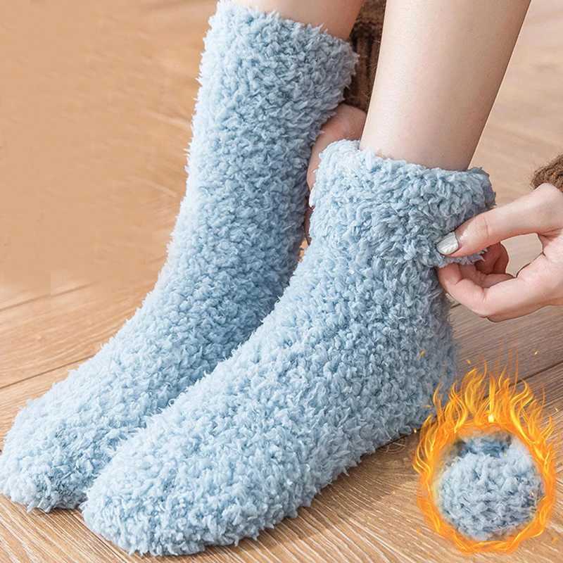 Winter Warm Coral Fleece Fluffy Socks Indoor Floor Slipper Women Socks Thicken Plush Candy Color Home Sleep Socks Christmas GiftXJ241019