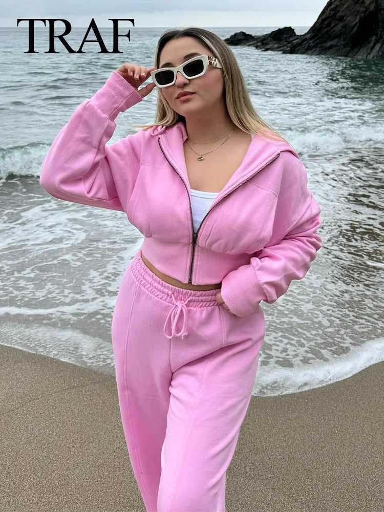 Women's Two Piece Pants TRAF 2024 Spring Womens Casual Hoodie Zipper Jacket+Elastic Waist Pocket Pants 2-piece Set Elegant Loose Solid Grey Pants