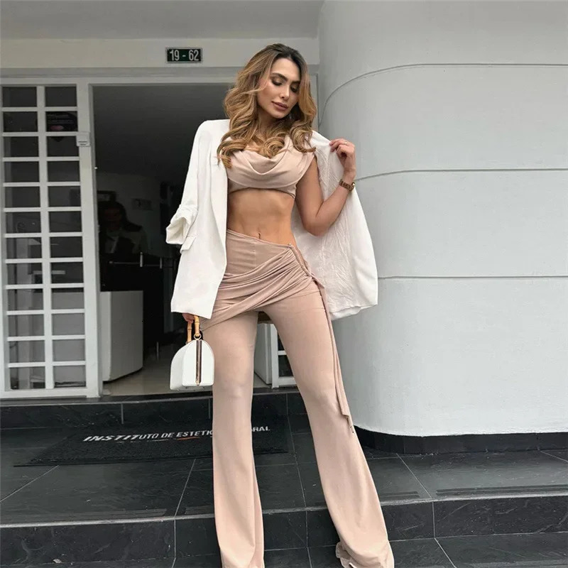 Fashion Crop Tops and Pant Two Piece Set Sexy Skinny Solid 2 Sets Going Out Outfits Women Winter Club Matching 241018