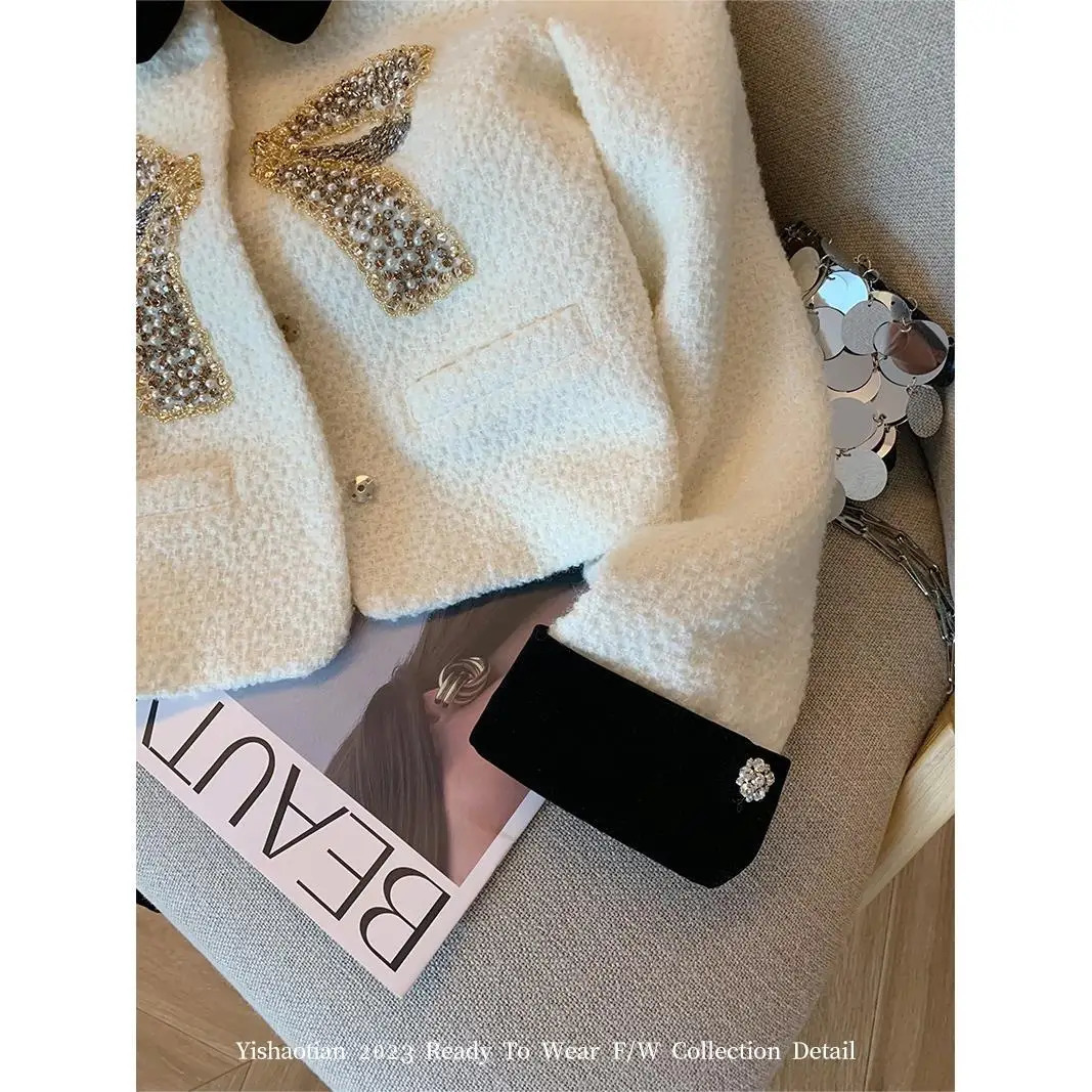 High Quality Diamonds Beading Woolen Tweed Jackets for Women French Elegant Short Coat Sweet Girls Fashion Fried Street Outwear 241019